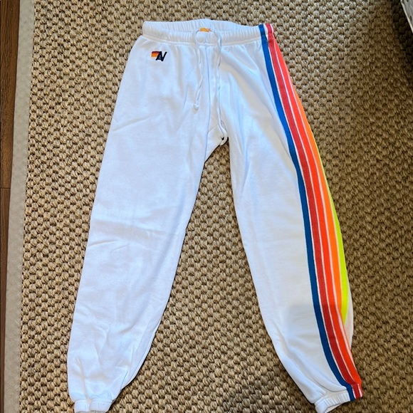 Aviator Nation Pants - Aviator Nation White Track Joggers with Rainbow Side Stripes